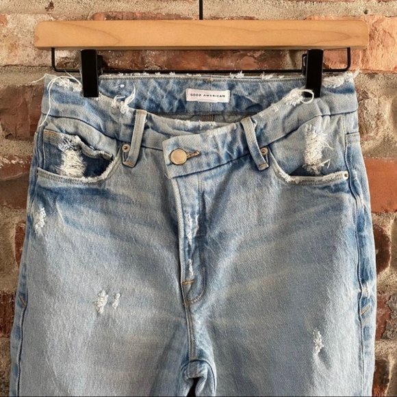 Good American Crossover Waist Distressed Skinny Jeans Blue 691 Light Wash - Picture 5 of 10